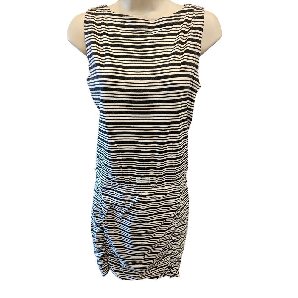 Athleta Navy Blue & White Striped Sleeveless Boatneck Ruched Athletic Dress XS